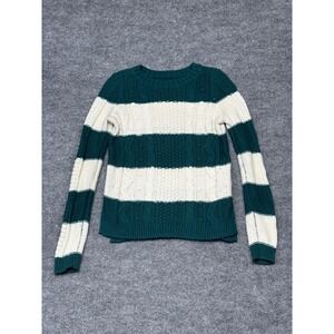 Hollister Women XS Striped Cable Knit Sweater Forest Green Cream Crewneck 3R3667